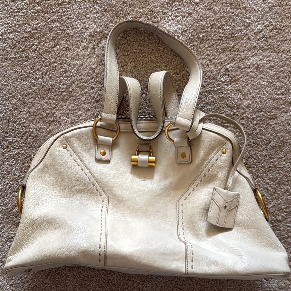 Cream Leather Satchel Handbag with Gold Hardware